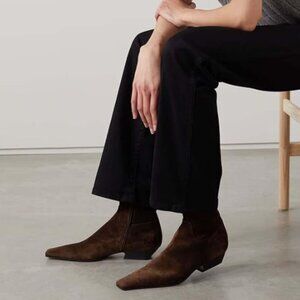 Pointed Toe Suede Ankle Booties in Dark Brown